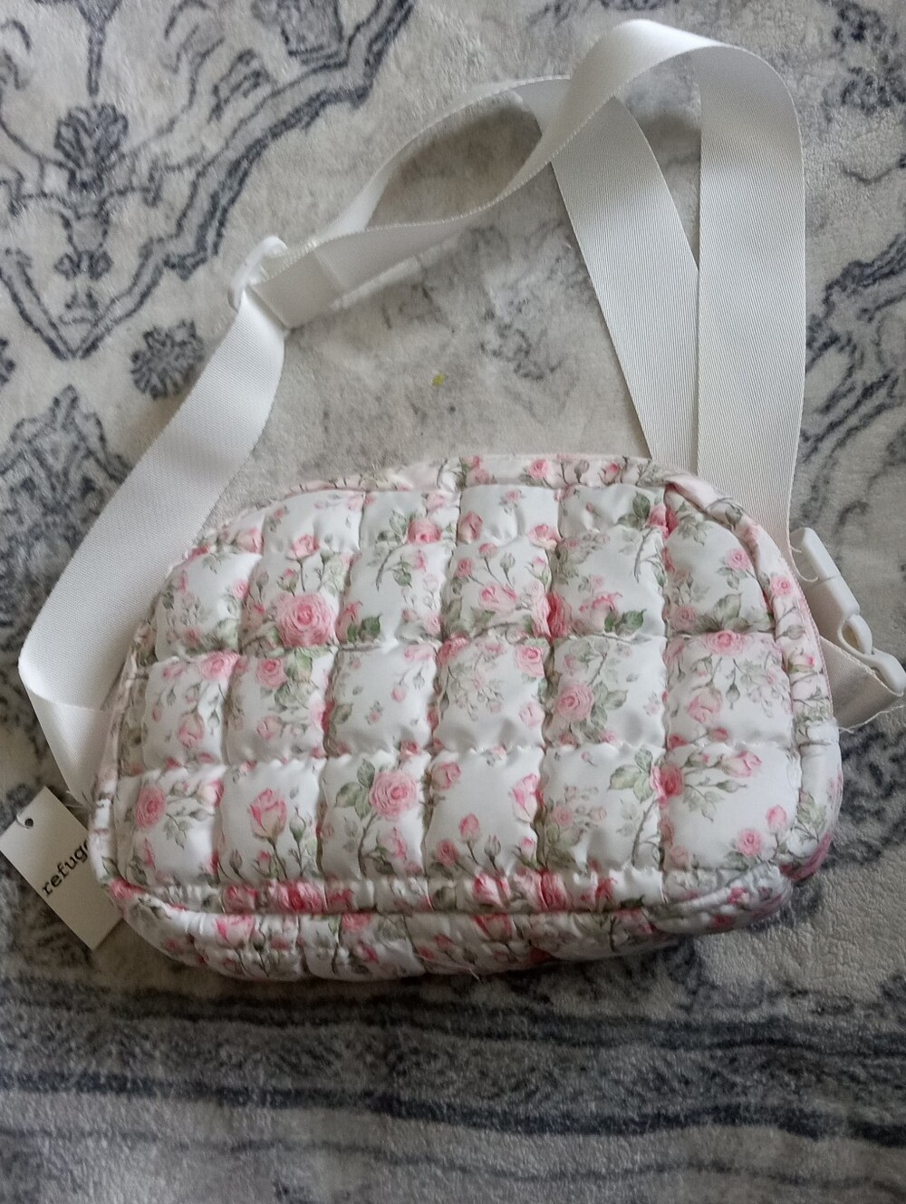 Quilted Floral Crossbody Bag - White with Pink Roses New